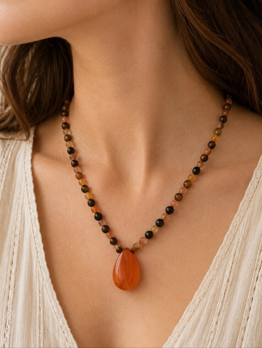 HANDMADE Czech Glass Jade Beaded Teardrop Carnelian Pendant Necklace